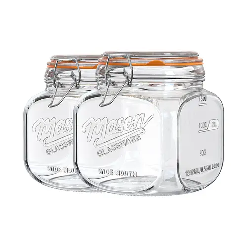 Kitchen Retro Utensils 2-Pc 64 Oz Wide Mouth Square Airtight Mason Jars with Hinged Lids, Food Storage Containers with 2 Scale Marks for Flour, Coffee