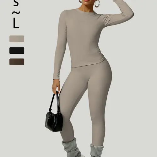 2-Piece Solid-Color Athletic T-Shirt Set Women's Sportswear Set, Slim-Fit RoundNeck Short Sleeves & High-Waisted YogaPants, Ideal for Gym Running OutdoorActivities,  Stretchy Suit Set, Fitness Outfits,Workout Running Outfits-8628, Tops For Women, Women's