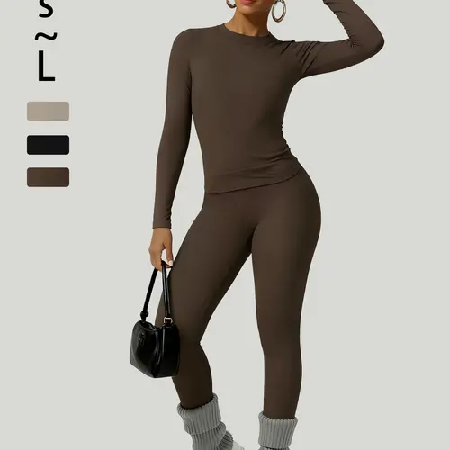 2-Piece Solid-Color Athletic T-Shirt Set Women's Sportswear Set, Slim-Fit RoundNeck Short Sleeves & High-Waisted YogaPants, Ideal for Gym Running OutdoorActivities,  Stretchy Suit Set, Fitness Outfits,Workout Running Outfits-8628