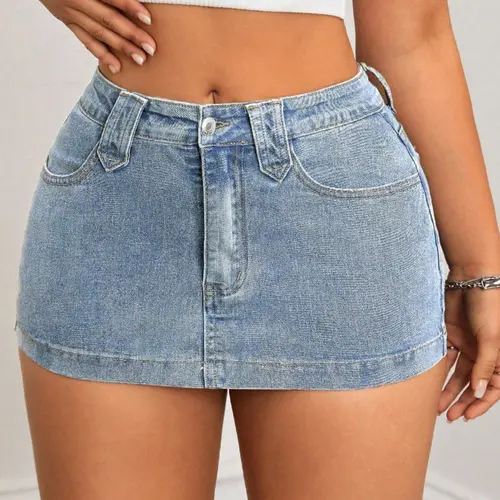 Latest Women Plus Size Curvy Y2K Style Stretch Denim Button Bodycon Fit Mini Skirt Bottoms, Blue Denim, Fashionable, All Seasons, Casual Essential, Pockets