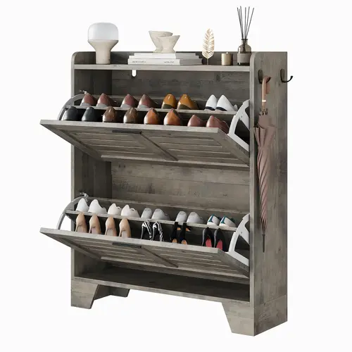 Garvee Narrow Shoe Cabinet for Entryway with Slim, Farmhouse Style Design Featuring 2 Flip Drawers and Hooks - Thin Organizer Ideal for Entrance, Hallway, or Front Door in Gray or Rustic Brown