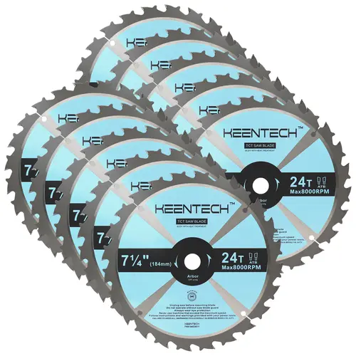 KEENTECH 7-1/4 Inch 24T Carbide Teeth Circular Saw Blade, 5/8" Bore, 10 Blades Pack Heavy Duty Tool for Cutting Wood, Plywood, MDF, OSB with Longer Service Life, Arbor Mount