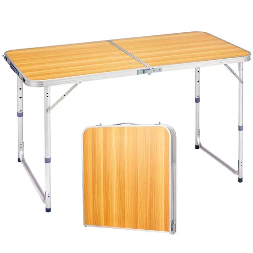Karlhome 4ft Wood Grain Aluminum Alloy Folding Table, Foldable Outdoor Desk, 2-Fold Design, 50kg Load Capacity,summerwins,outdoorfurnitureset