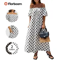 Florboom Women's Off Shoulder  Short-Sleeve Polka Dot Maxi Dress, Summer Causual Dress with Pockets for Vacation, Parties, and Beach,Summervibes