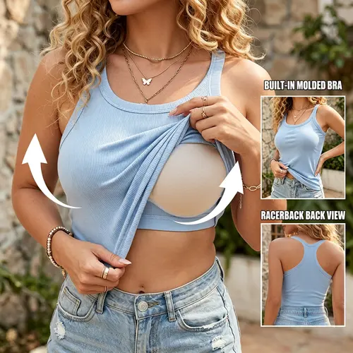 EssElegance Women's Ribbed Built-in Bra Tank Top | Racerback Cropped Camisole with Removable Pads | Wireless Supportive Workout Yoga Top | Stretchy Athletic Basics Bodyshaper Sleeveless Tee | Comfortable Summer Essential Bra Cami for Everyday
