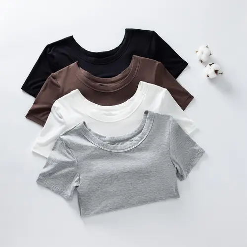 Women's Built-in Bra T-Shirt | Short Sleeve Crew Neck Tank Top with Shelf Bra | Wireless Supportive Slim Fit Tee | Buttery Soft Bra-Free Basic Top | Minimalist Clean Girl Aesthetic Sculpting Tee | Breathable Summer Essential Undershirt Multi-Color