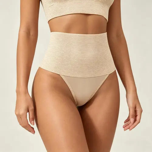 EssElegance Women's High Waisted Tummy Control Thong | Seamless Shapewear Panties for Under Dresses | No Show Compression Underwear | Ribbed Wide Band Cheeky Briefs | Everyday Invisible Body Shaper Slimming Basics Multi-Color