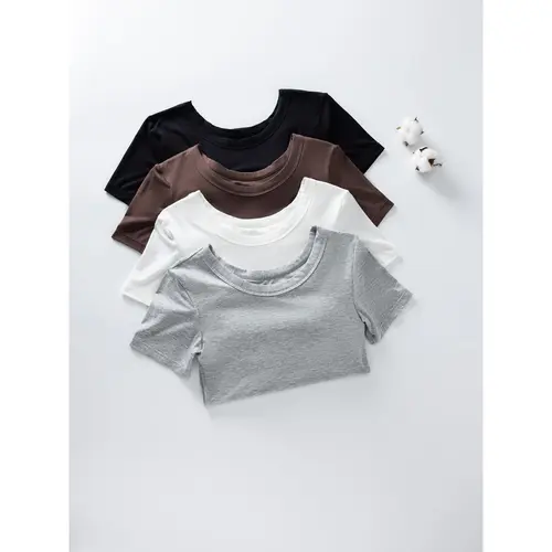 EssElegance Women's Built in Bra T Shirt | Stretchy Short Sleeve Crew Neck Top with Shelf Bra | Wireless Seamless Slim Fit Tee | Buttery Soft Bra Free Basic | Minimalist Clean Girl Aesthetic Sculpting Tee | Summer Essential Multi Color