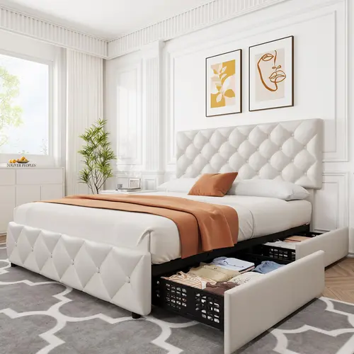 Garvee Linen Upholstered Platform Bed Frames with 4 Storage Drawers, Diamond Stitched Button Tufted Design, Wooden Slat Support, No Box Spring Needed, Available in Queen, Full, and King Sizes, Multiple Colors