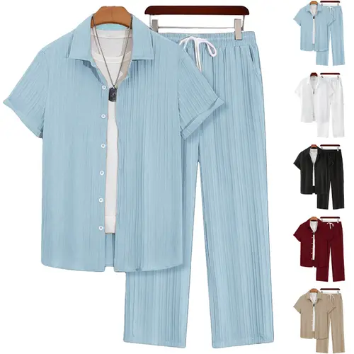 Men’s Hawaiian Business Casual 2-Piece Menswear Set - Lightweight Plain Shortsleeve Shirt & Long Pants, Relaxed Comfortable Versatile Clothes, Summer Wear, Father’s Day Gift