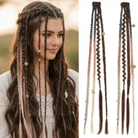 Women's Clip-In Faux Locs Synthetic Hair Extensions - 16" & 20" Boho Braids with Colorful Beads, Dark Chocolate Brown Mixed Copper, for Wedding, Casual & Festival Wear Braids Hairstyles, Daily Use Braids