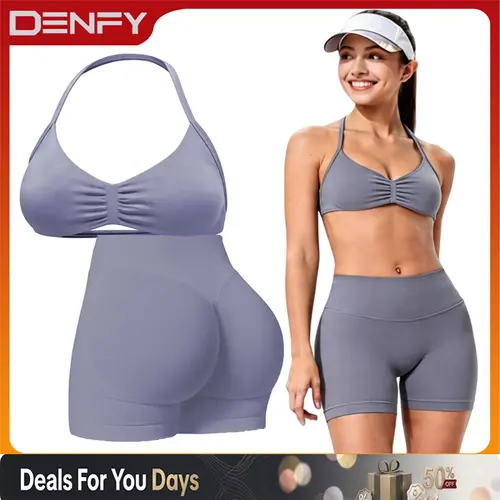 [SIZE UP 1] DENFY Two-Pieces Suit Impact Strappy Bra&Impact Shorts Fitness Yoga Sports Women Activewear Gym Outdoor Tank Tops Hidden Scrunch Butt Lifting Gymwear Shorts Womenswear
