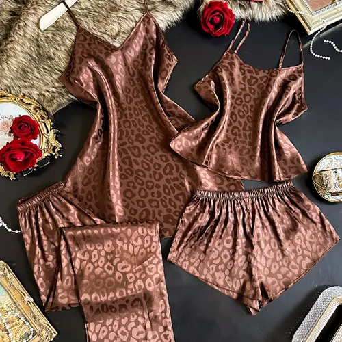 Women's 4-Piece Pajama Set, V-Neck Spaghetti Strap Dress & Round-Neck Top, Soft Comfortable Shorts & Pants, Loungewear for Romantic Evenings