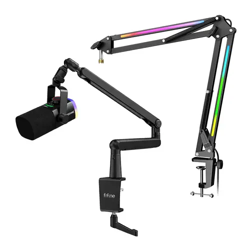 fifine AM8Pro Gaming Microphone with Premium Low Profile Boom Arm + Bonus RGB Boom Arm for Flexible Setup, for Podcast Recording Streaming,Tap-to-Mute, Mix Control, Headphone Jack, Screw Adapter, Cable Management, Multifunction, Gaming Setup, Led Panel Sh