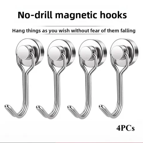 4PCS Heavy-Duty Stainless Steel Rotatable Magnetic Hooks - No-Drill No-Trace Adhesive Wall-Mount Hooks with Solid Wood Flip-Top Key Lock & Large Frosted Acrylic Design, Bathroom Organizing Accessories for Kitchen Door & Hat/Shoe Cabinet Storage, Organiser