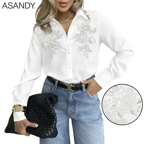 ASANDY Women's Sequin Blouse, Long Sleeve Button-Down Shirt with Floral Embroidery & Rhinestone Collar - Dress Casual Wardrobe Staple for Office & Going Out, Evening, Sequin Shirts, Sequins Shirt, Trendy Blouses