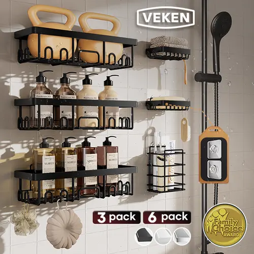 【Veken】 3/6-Pack Life-Changing Rustproof Shower Caddy, Effortless No-Drill Wall Shelves with Soap Holder, End Bathroom Clutter for Good, Multi-use Kitchen & Home Storage