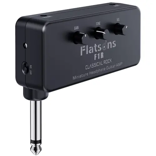 Flatsons-F1R Mini Electric Guitar Headphone Amplifier, 1M High-Impedance Input, 3.5mm AUX/Earbud Jack, Classic Rock Sound, Distortion Tone, Smartphone Compatible, Silent Practice, Portable Design, 16-Bit, 12-Month Support, Includes Batteries