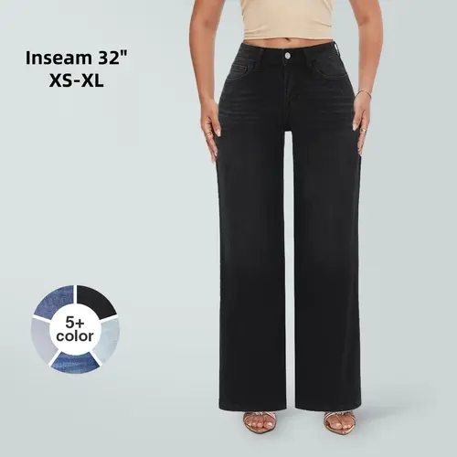 Magic SHAPUM Mid Low Waist BBL Jeans for Women Wide Leg Loose Fit Comfortable Stretchy Denim Pants BLACK B Stretch Denim Tights leg baggy jean Long Length Jeans Inseam 32 Inches