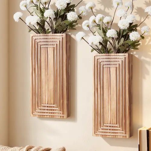 Ivydale 2-Pack Brown Wooden Hanging Wall Planter Vase - Handmade Craft Wall Decor, Aesthetic Home Decor for Living Room, Bedroom, 12.5"l x 5.9"w x 3.9"h Indoor Fake Plant Holder