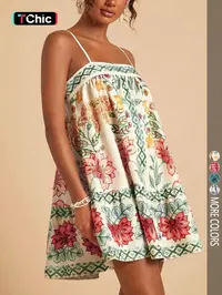 Women's casual vacation beach summer floral print spaghetti strap boho sundress, seasonal holiday set, spring break set, party set, beach set, bohemian style dress, Flowy Summer Dress