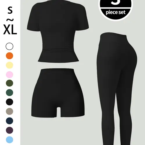 3-Piece Women's Solid Set, Round Neck Sport T-Shirt + High Waist Elastic Workout Pants, Training, Casual Summer Sports Wear, Fitness Sportswear Set