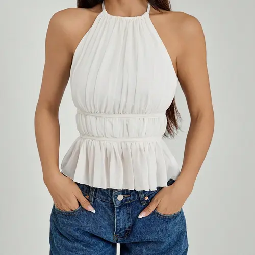 2026 Women's French Chic Halter Backless Sleeveless Tank Top, Waist-Cinch Pleated Ruffle Strap Summer Top