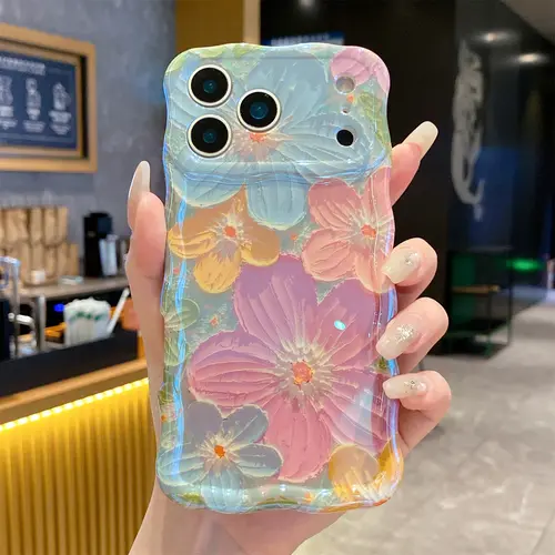 ISEMENA For iPhone 17 Pro Max/17 Air 16 15 14 13 Pro Colorful Retro Oil Painting Printed Flower Laser Glossy Pattern Cute Curly Waves Border Exquisite Phone Cover Stylish Durable TPU Protective Case for Girls Women