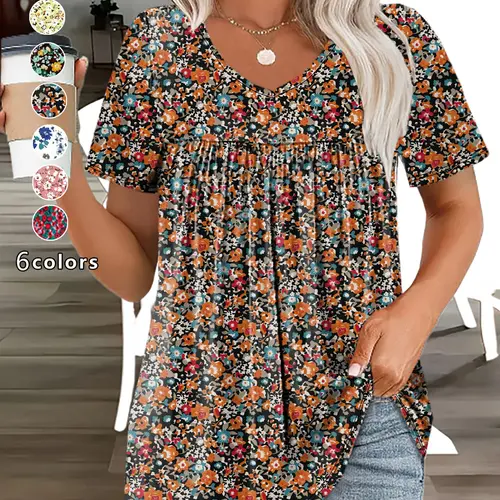 Plus Size Women's Ditsy Boho Vintage Floral Print T-Shirt, V-Neck Ruched Short Sleeve Waist Cinched Top, Casual Loose Flowy Tee for Daily Wear