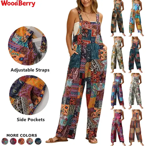 Women's Patchwork Bib Overalls - Loose, Cute Floral Print Boho Cotton-Polyester Women's Fashion Jumpsuit, Wide Leg Ankle Length, Button Front, Pockets, Holiday Casual Wear for Hang Dry, Polyester Clothing, Boho Clothes