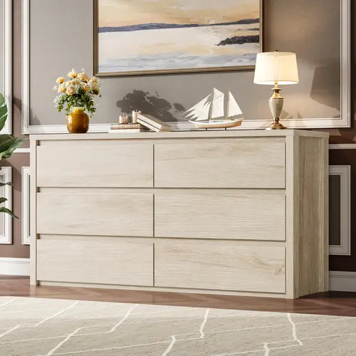 Garvee 6-Drawer Wide Wooden Dresser, Modern Large Storage Chest for Bedroom, Living Room, Hallway, and Entryway, Handle-Free Design,dorm essentials,home decor