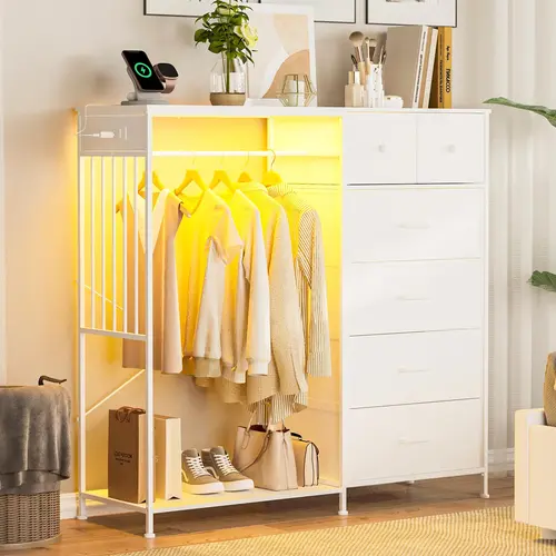 Garvee Multi-Functional Dresser with Hanging Rack, 6 Drawers, LED Lights, and Charging Station - Fabric Storage Organizer for Bedroom, Living Room, and More