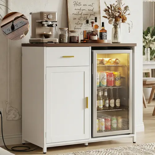 Homieasy Coffee Bar Cabinet with Mini Fridge Space & Power Outlet (Fridge Not Included), Mini Fridge Cabinet with Drawer Storage and Wine Glass Holder, Liquor Wine Cabinets with Wine Storage, Home Bar for Dining Room, Kitchen
