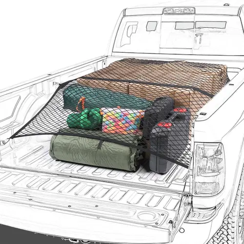 Heavy Duty Elastic Truck Bed Net - Cargo Securing, Elastic Locking, Hook-and-Go Stretchable Mesh Organizer for SUV, ATV, UTV, Trailer, Boat - Secure Storage for Gear, Luggage, Furniture for Outdoor Trips, Camping Travel Essentials