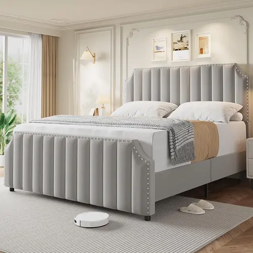 Garvee Queen Size Velvet Bed Frame, 50.2 in Tall Headboard & Footboard, Upholstered Platform King Bed Frame with Nailhead Trim, No Box Spring Needed, Noise Free, Solid Wooden Slats, Grey