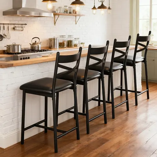 Garvee 26" Bar Stools Set of 4, Counter Height Bar Stools with PU Upholstered Seat, Metal Frame Kitchen Bar Chairs with X-Design Back and Footrest for Kitchen Island, Counter Bar, Dining Room, Black,dorm essentials,home decor