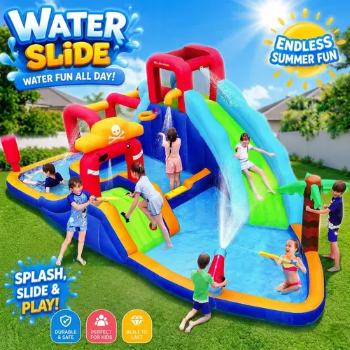Dripex Baby Large Backyard Water Park for Kids: Inflatable Water Slide Bounce House with Blower, Slides, Climbing Walls, Water Guns, and Deep Splash Pool, Indoor and outdoor, Summervibes, Summer Gifts