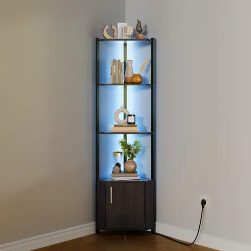 Garvee 5 Tier Corner Shelf Stand with LED Light, 57''Tall Metal Frame Corner Shelf with Wood Shelves, Standing Shelf Organizer for Living Room, Bedroom, Kitchen, Bathroom |  for Home Office, Entryway