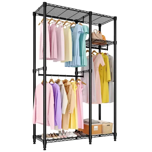 Garvee Freestanding Adjustable Clothing Racks - Heavy-Duty 700lbs Max Durable Steel Stand with 3 Hanging Rods, Adjustable Wire Shelves, Closet Storage Portable Wardrobe Organizer (76.5"H x 41.6"L x 15.5"W, Black), Metal, 3-Layer