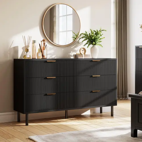 Garvee Wave Fluted 6 Drawer Dresser, 55'' Wide Chest of Drawers with Anti-Tipping Device, Large Wood Nightstand with Storage and Metal Legs for Bedroom, Hallway, Entryway, Small Spaces, Black,dorm essentials,home decor