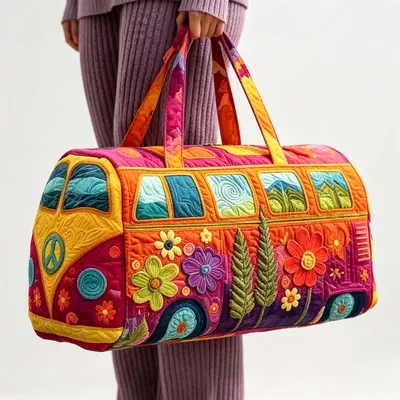 $18 Inch x 9 Inch x 9 Inch Unisex Boho Quilted Weekender Travel Bag, Lightweight Comfortable Carry On Overnight Bag, Vintage Hippie Design for Travel, Daily Use & Shopping