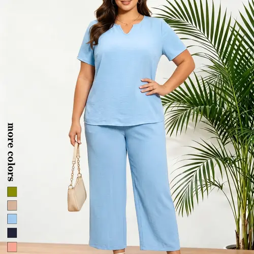 Elegant Basic Minimalist Plus Size Women's Two-Piece Set, Womenswear, Clothes, Solid Color Short Sleeve Fashion Blouse Shirt Top and Casual Loose Wide Leg Long Pants, Stylish Outfit