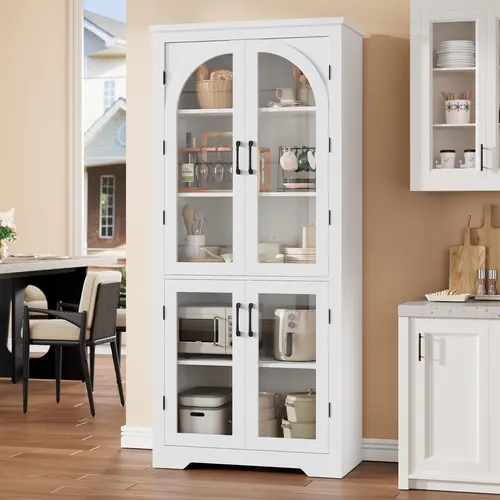 Garvee 70" Tall Kitchen Pantry Cabinet - Modern Display Cabinet with 4 Arched Glass Doors and Adjustable Shelves, Versatile Cupboard Organizers for Kitchen, Dining Room, Living Room, Bathroom, White,dorm essentials,home decor