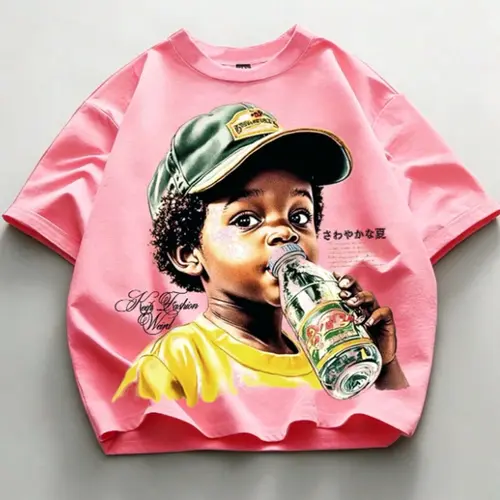 American Retro Summer Soda Tropical Kids Print T-Shirt Menswear, Streetwear Fashion Vintage Hip Hop Unisex Short Sleeve Top, Casual Fitted Long T-Shirt for All Seasons, Casual Streetwear Style