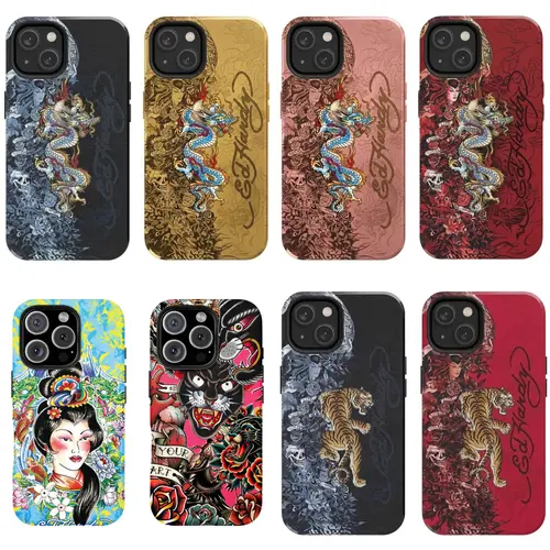 Ed Hardy Skull-Leopard-Tiger Tattoo Collage Smartphone Case, Pink Y2k Aesthetic Handheld Accessory for iPhone & Samsung Devices, Unisex Gift for Fans