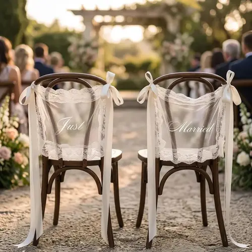 Just Married Chair Signs for Wedding Ceremony, Set of 2 Romantic Wedding Chair Decorations withRibbon, Bride and Groom Chair Bannersfor Reception Sweetheart Table ChairsBack Decor ( White )
