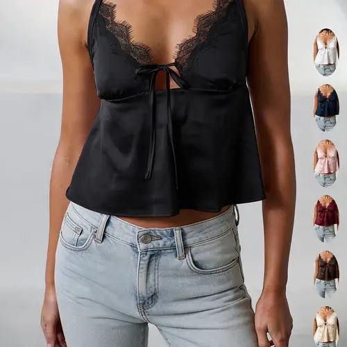 Cross-Border Summer Bestseller French Smooth Satin Lace Trim Fabric V-Neck Sleeveless Halter Strap Tie Backless Fit Cropped Top, Ruffle Edge Ruffled Short Outerwear Womenswear Women's Shirt