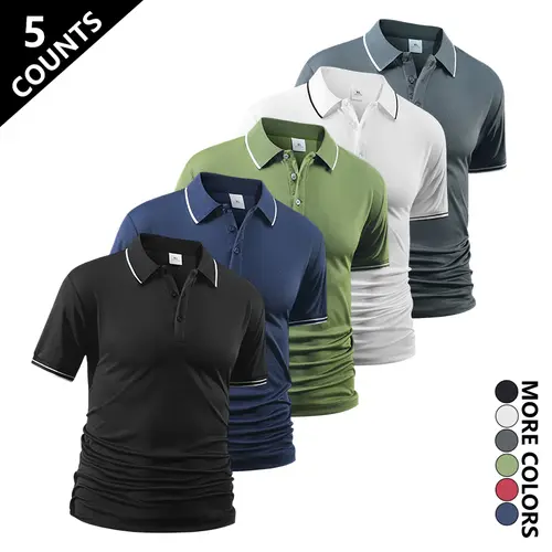 Pack of 5 summer men’s short-sleeve polo shirts made from lightweight, breathable fabric—solid color, cool and comfortable athletic casual men’s shirts! Men’s short-sleeve outdoor sports shirt with turn-down collar, casual light business style — men’s top
