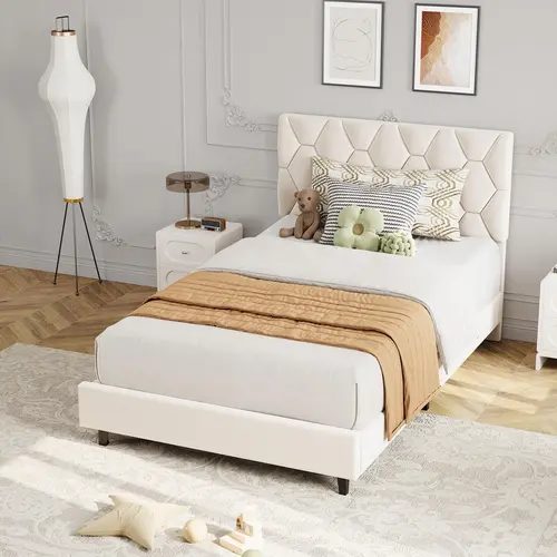 Garvee Beige Twin Contemporary Upholstered Modern Platform Bed Frame - Durable Heavy-Duty Upholstered Headboard, Strong Wood Slats, Silent, No Box Spring Needed, Adjustable, Easy Assembly Required (75x39x39.4 in, 400lb Capacity, 47.4 lbs)