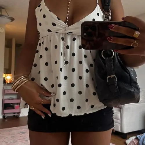 Y2K Polka Dot Babydoll Casual Elegant Sleeveless Tank Top, Sweet Girl Style V-Neck Elastic Back Thin Strap Top, Retro Flowy Loose Tank, Women's Fashion Casual Streetwear with Spaghetti Strap, Casual Sleeveless Tops